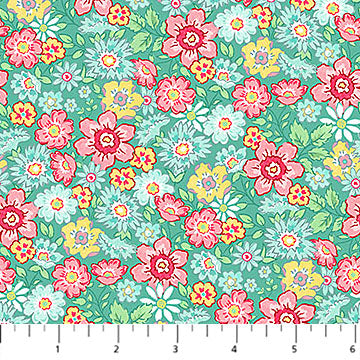 Quilting In Bloom - Quilting Cotton Fabric - Packed Floral - Turq Multi