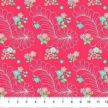 Quilting In Bloom - Quilting Cotton Fabric -Feather Floral - Red Multi