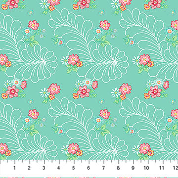 Quilting In Bloom - Quilting Cotton Fabric -Feather Floral - Turq Multi