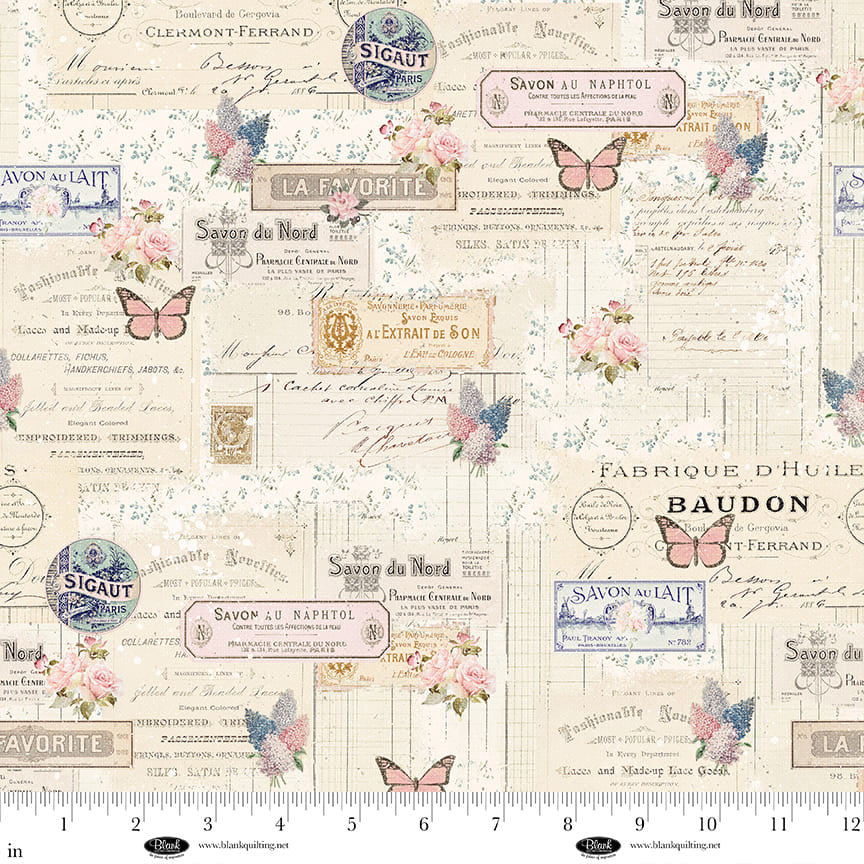 Parisian Snippets - Quilting Cotton - Labels and Butterflies - Ecru