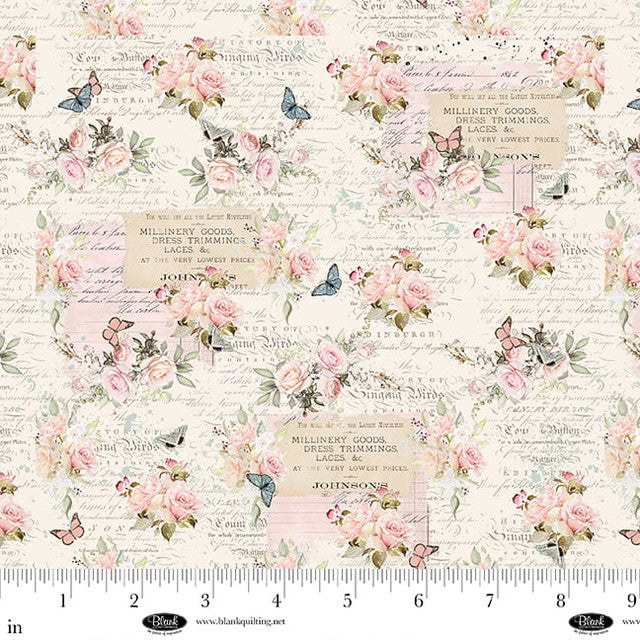 Parisian Snippets - Quilting Cotton - Roses with Text - Ecru