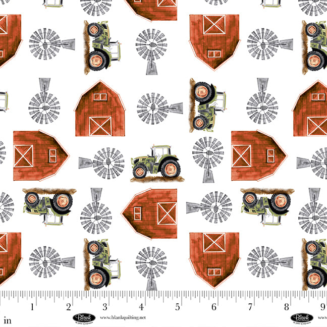 Little Seedlings Farm – Quilting Cotton Fabric – Barns and Tractors – White