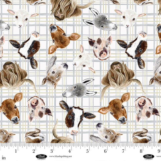 Little Seedlings Farm – Quilting Cotton Fabric – Plaid with Animal Heads – White
