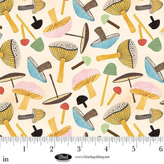 Nature's Symphony - Cotton Fabric - Pale Yellow - Mushrooms