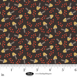 Nature's Symphony - Cotton Fabric - Black - Mushrooms and Berries