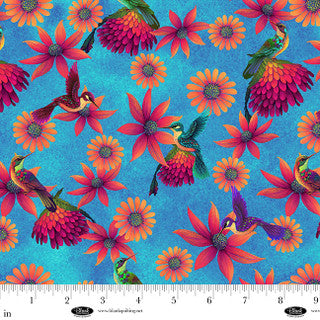 Luminous Haven Minky – Minky Fabric – Hummingbirds and Flowers – Bright Blue