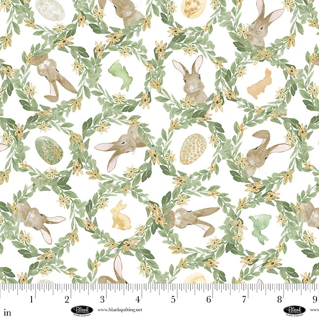 Spring Serenade – Quilting Cotton Fabric – Leaf Lattice with Bunnies – White