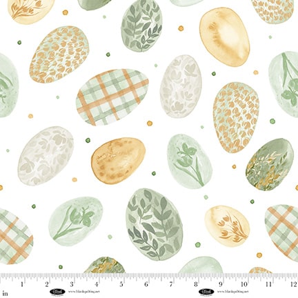 Spring Serenade – Quilting Cotton Fabric – Painted Eggs – White