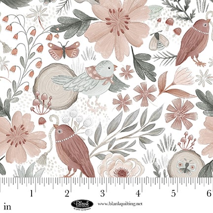 Petals & Pewter – Quilting Cotton Fabric – Birds and Flowers – White