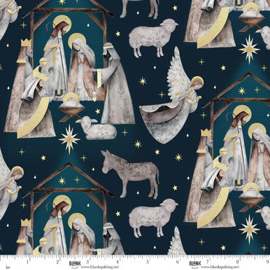 Silent Night - Quilting Cotton Fabric - Nativity Scene - Navy