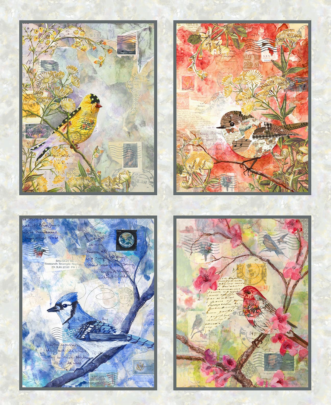 Air Mail – Quilting Cotton Fabric – Four 15" x 19" Blocks – Mist