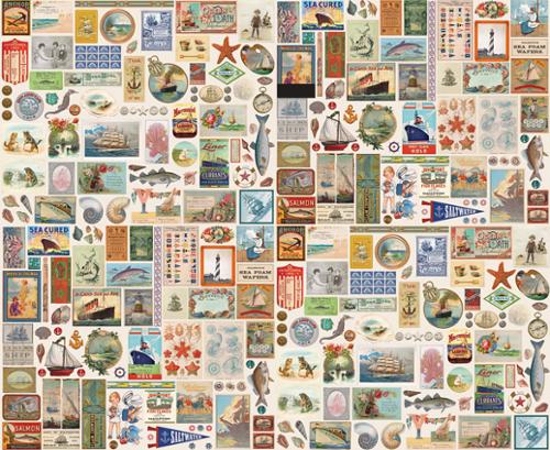 Saltwater - Quilting Cotton Fabric - Flay Lay Patchwork Vintage Ephemera - Nautical