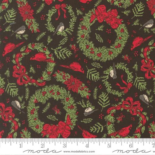 Holiday Cheer - Quilting Cotton Fabric - Deck The Halls Novelty Vintage Birds Cardinals Wreaths - Midnight