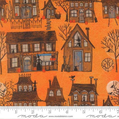 Coven - Quilting Cotton Fabric - Witch Village Landscape and Nature Haunted Houses - Pumpkin