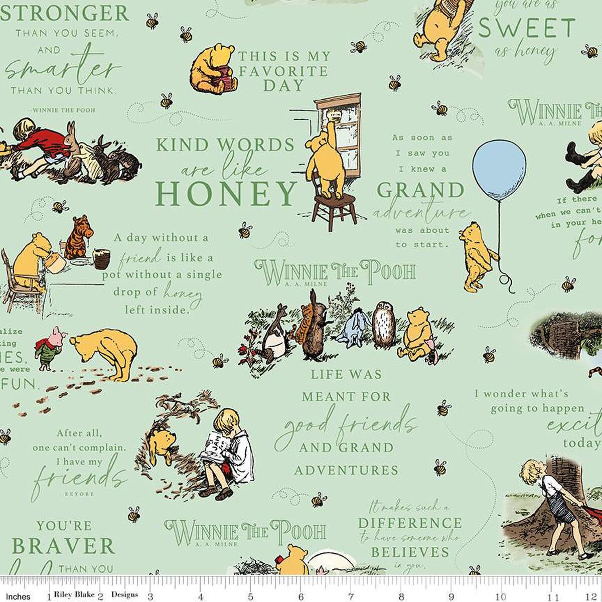 Winnie The Pooh – Flannel Cotton Fabric – Quotes - Green