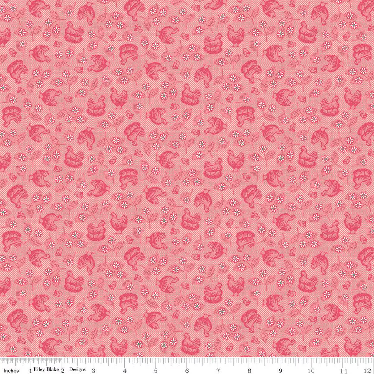 Farmer's Daughter – Quilting Cotton Fabric – Hens and Chicks – Coral