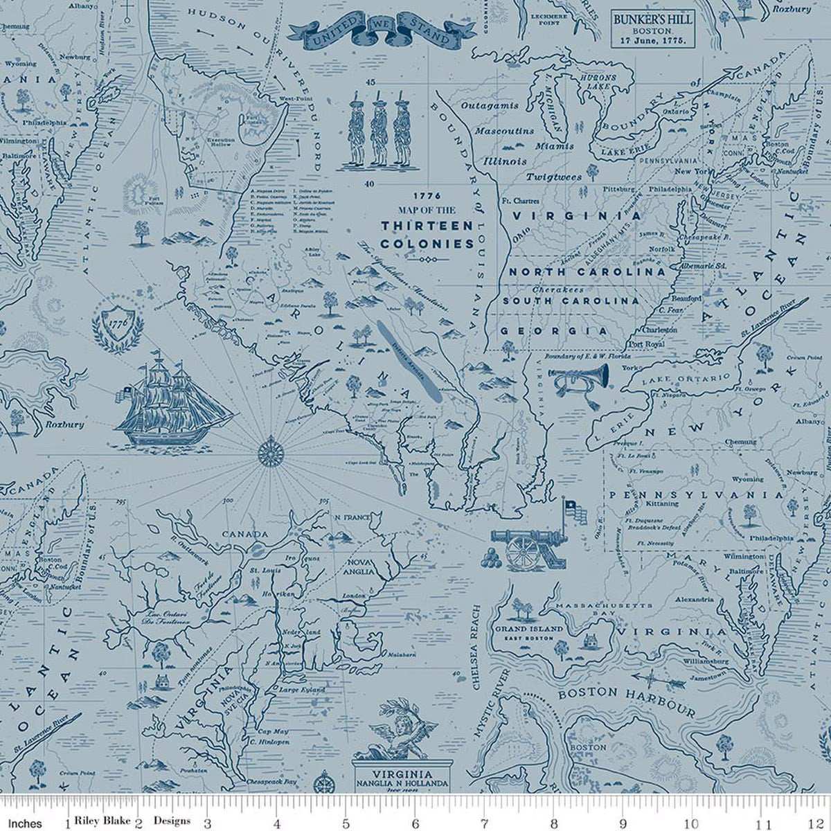 Independence - Quilting Cotton - Colonial Map - Blue