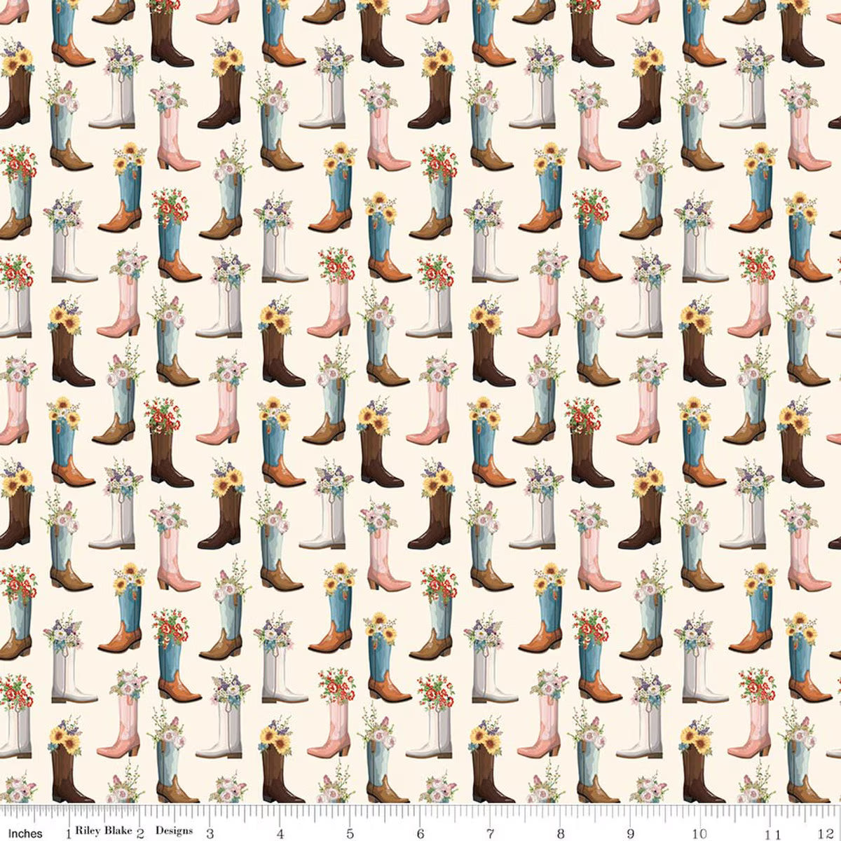 Cowgirl - Quilting Cotton Fabric - Boots - Cream