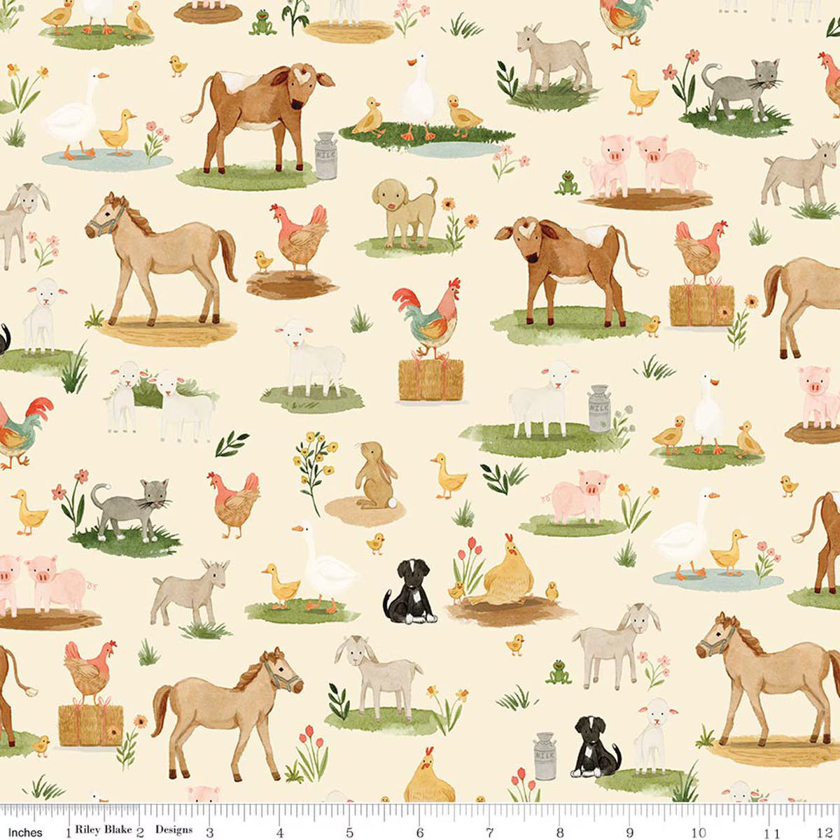 Lil' Farm Friends - Quilting Cotton Fabric - Animals on the Farm - Cream