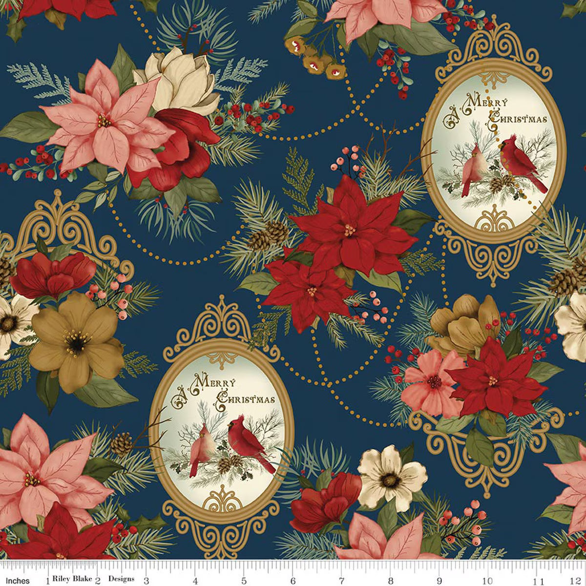 Christmas Greetings - Quilting Cotton Fabric - Main - Navy