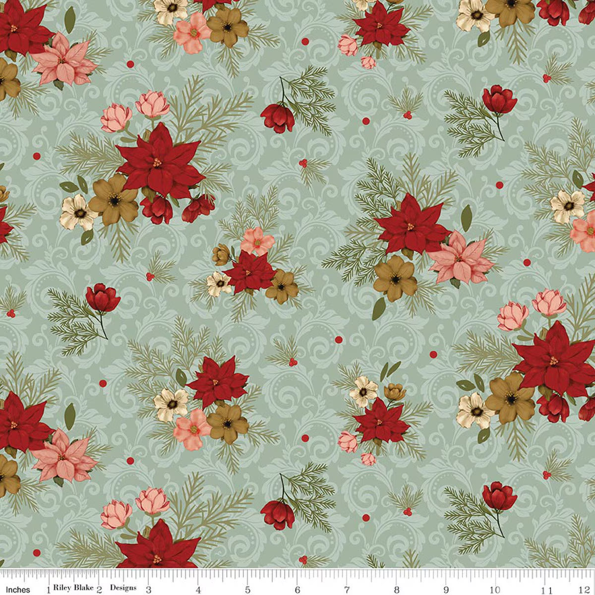 Christmas Greetings - Quilting Cotton Fabric - Floral - Spruce