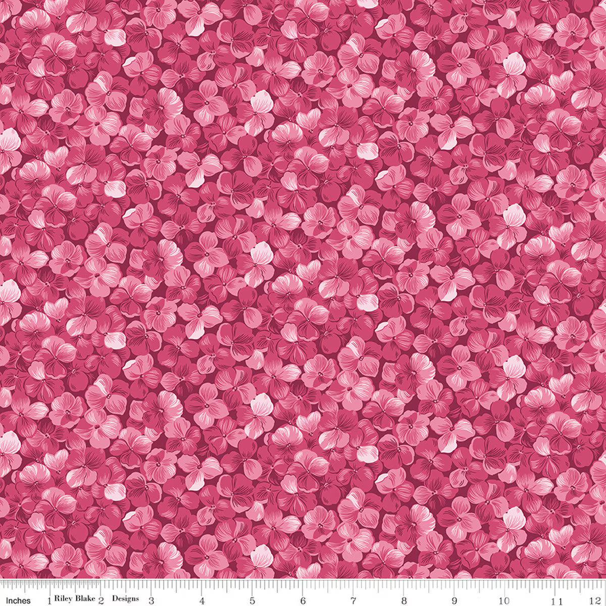 Hydrangeas in the Garden - Cotton Fabric - Allover Floral - Raspberry - Pearl