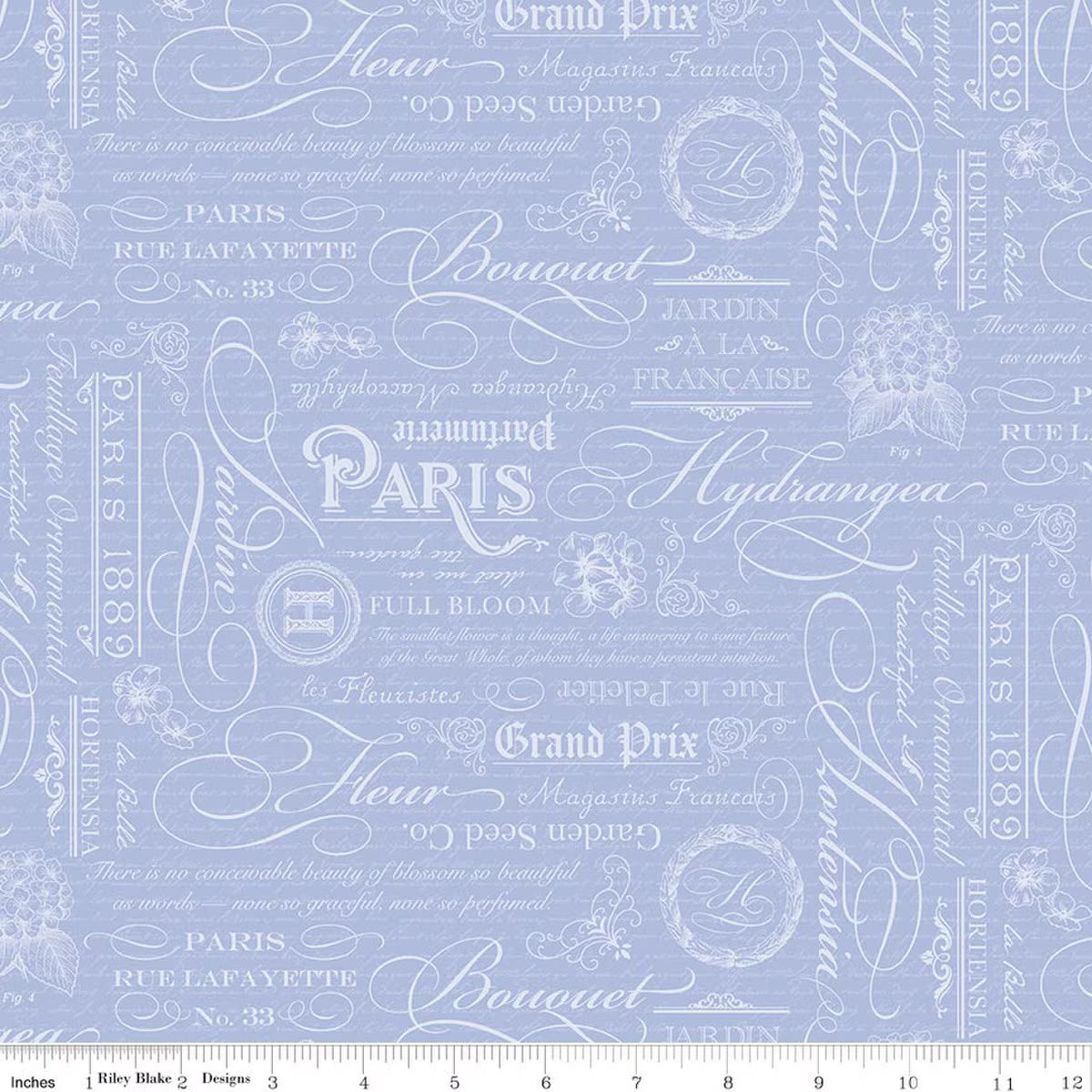 Hydrangeas in the Garden - Cotton Fabric - Text - Blue - Pearl