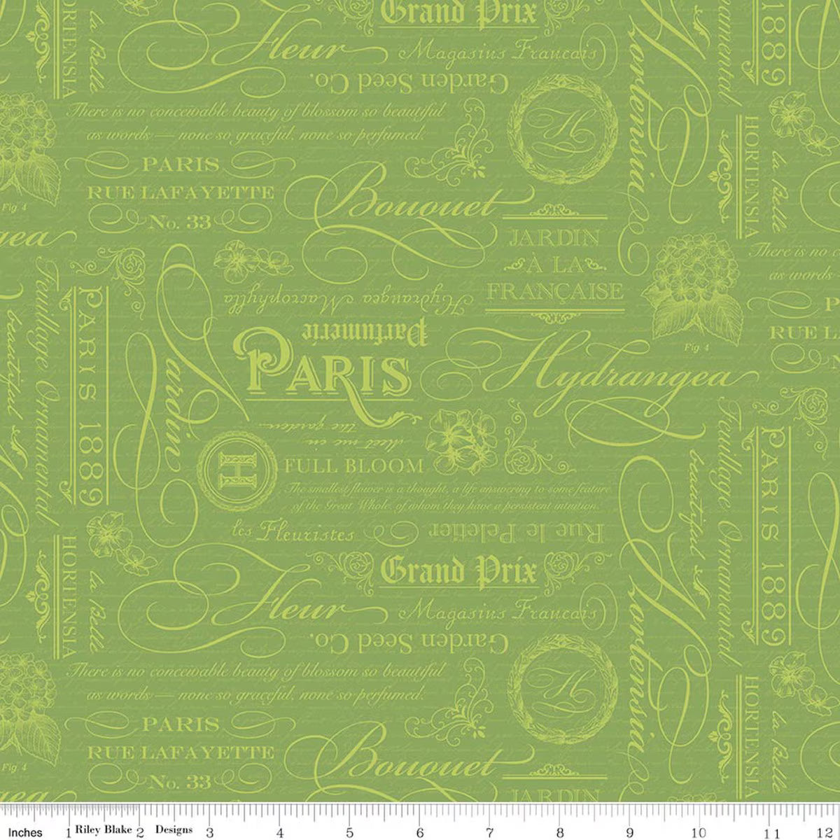 Hydrangeas in the Garden - Quilting Cotton Fabric - Text - Green