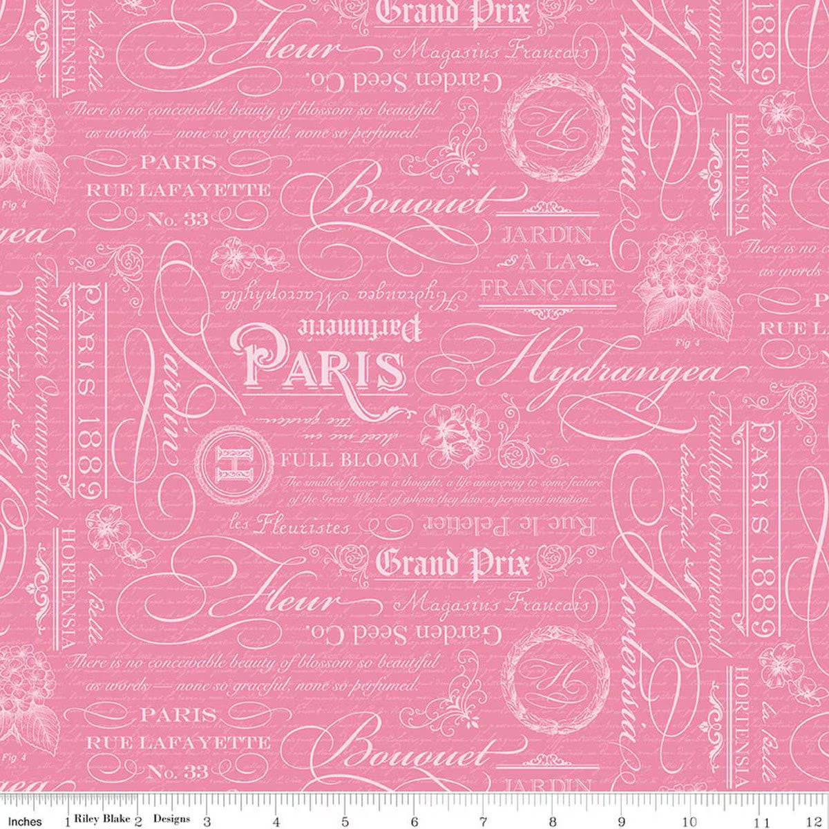 Hydrangeas in the Garden - Cotton Fabric - Text - Rose - Pearl