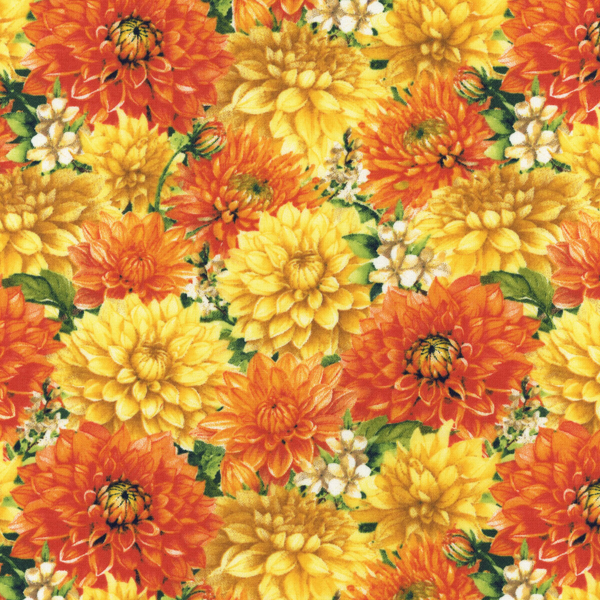 Dahlia Botanica – Quilting Cotton Fabric – Packed Floral Yellow Orange