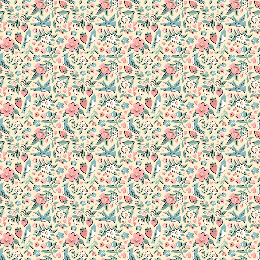 Granny's Sewing Room - Quilting Cotton Fabric - Bluebirds & Berries - Yellow