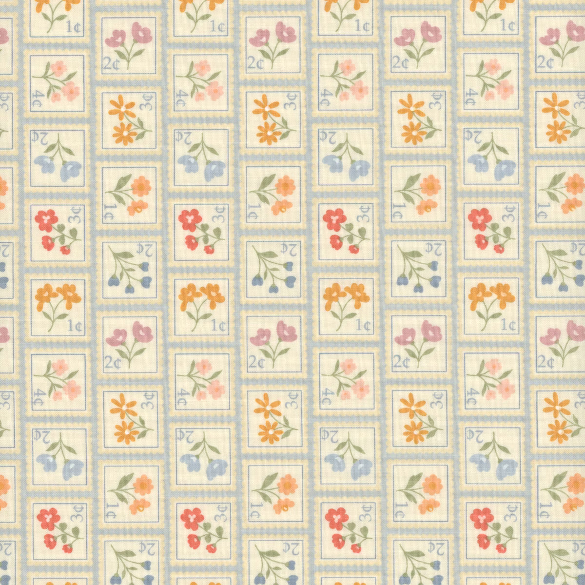 Cottage Charm - Quilting Cotton Fabric - Sweet Stamps Novelty Stamps Flower - Powder Blue