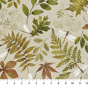 Natural Elements - Quilting Cotton Fabric - Leaf & Dragonfly - Taupe Multi