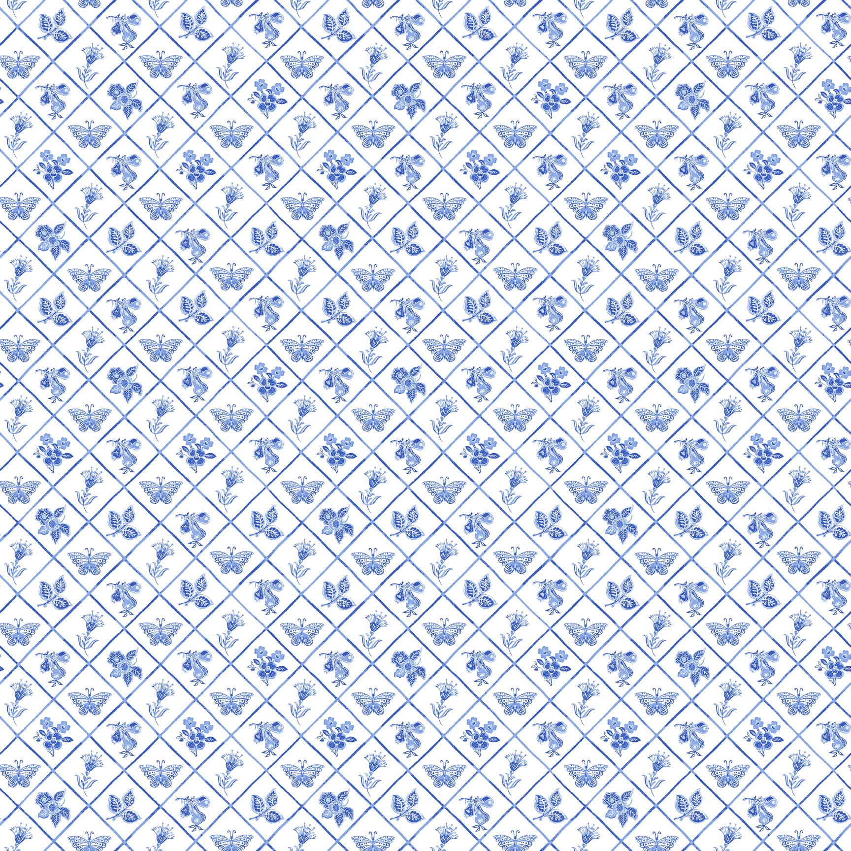 Delft Dynasty – Quilting Cotton Fabric – Flower Grid – Blue