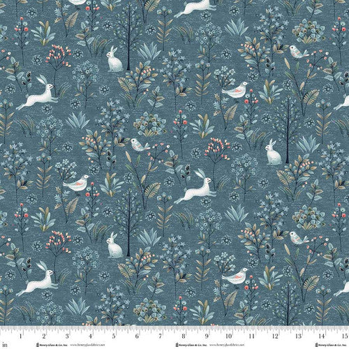 Norwegian Forest - Quilting Cotton - Frolicking Bunnies - Medium Blue