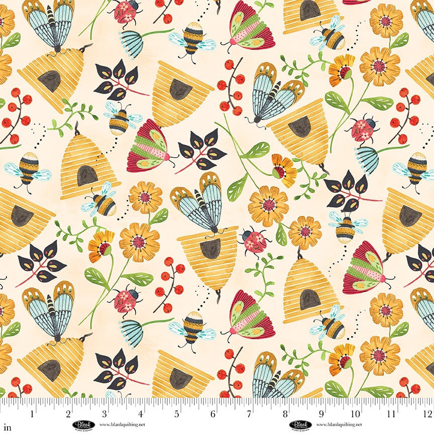 Nature's Symphony - Cotton Fabric - Beehives and Flowers - Pale Yellow