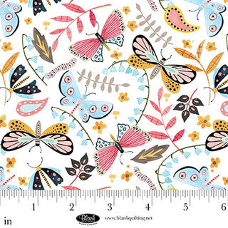 Nature's Symphony - Cotton Fabric - White - Butterflies and Caterpillars