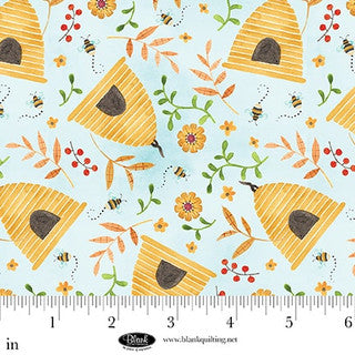 Nature's Symphony - Cotton Fabric - Beehives and Leaves - Light Blue