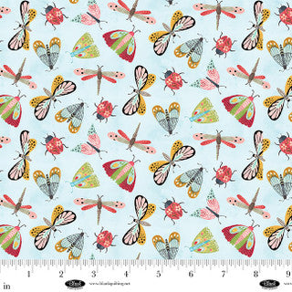 Nature's Symphony - Cotton Fabric - Butterflies, Dragonflies, and Ladybugs - Light Blue