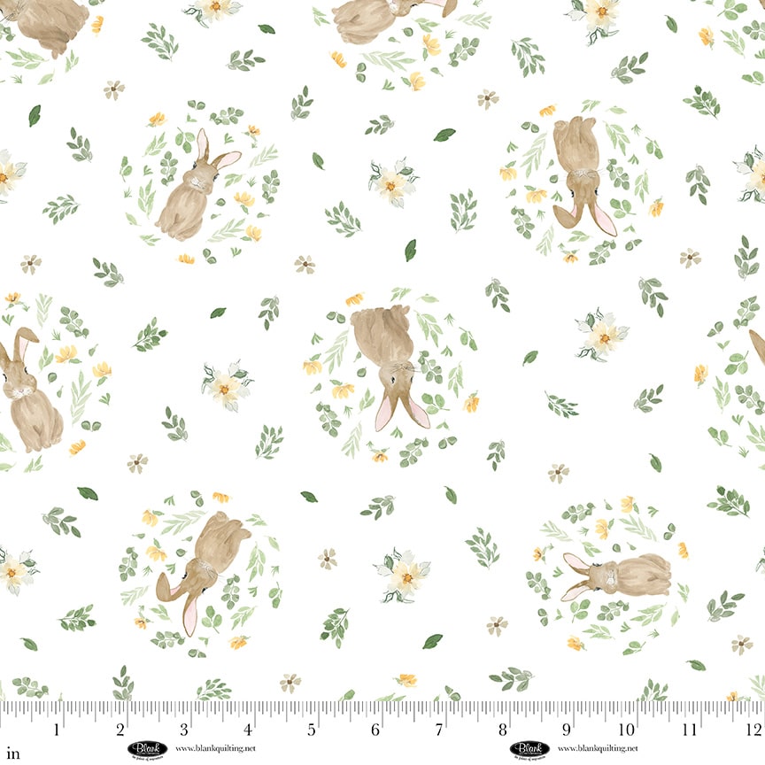 Spring Serenade – Quilting Cotton Fabric – Bunnies in Round Foliage – White