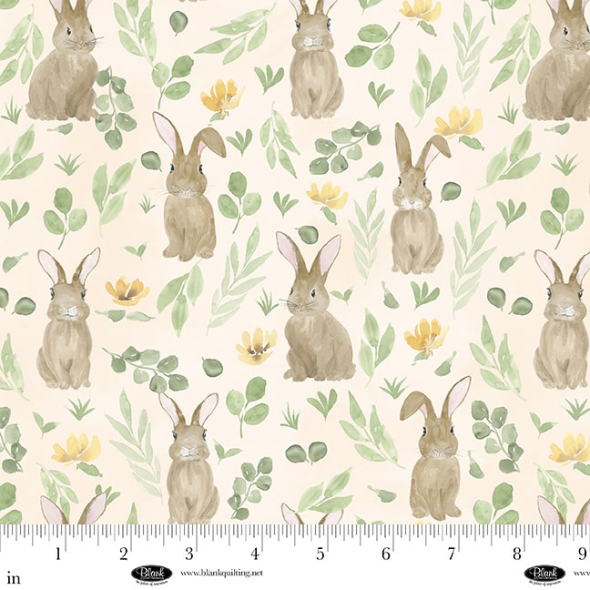 Spring Serenade – Quilting Cotton Fabric – Bunnies and Foliage – White