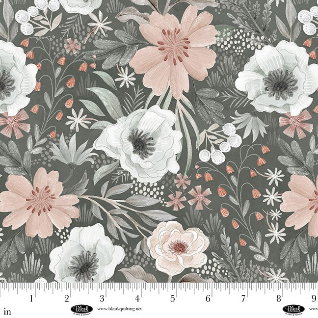 Petals & Pewter – Quilting Cotton Fabric – Large Flowers – Gray
