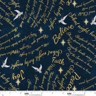 Silent Night - Quilting Cotton Fabric - Text - Navy