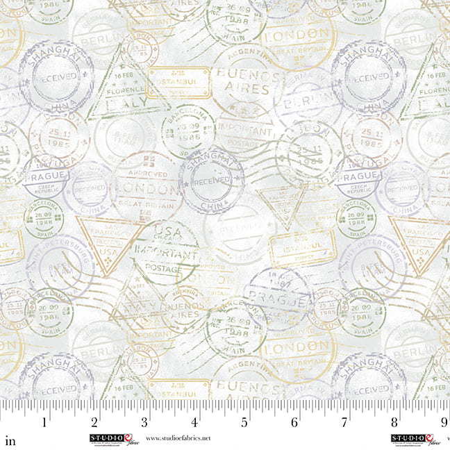 Air Mail – Quilting Cotton Fabric – Postage Stamps – Mist