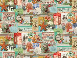 Saltwater - Quilting Cotton Fabric - All Aboard Patchwork Vintage Ephemera - Nautical