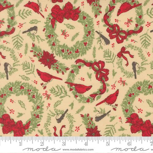 Holiday Cheer - Quilting Cotton Fabric - Deck The Halls Novelty Vintage Birds Cardinals Wreaths - Natural