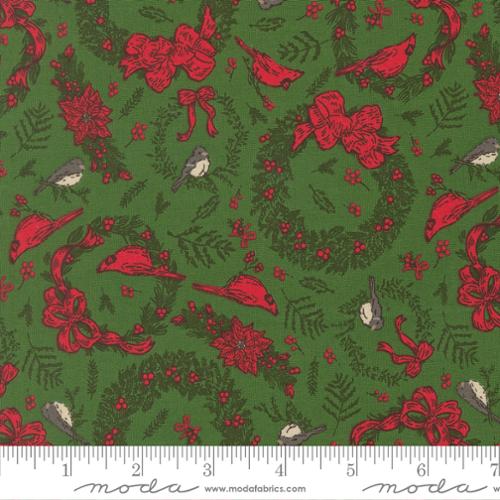 Holiday Cheer - Quilting Cotton Fabric - Deck The Halls Novelty Vintage Birds Cardinals Wreaths - Evergreen