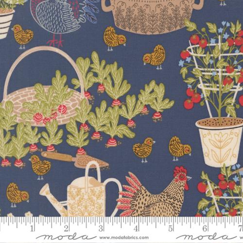 The Henhouse - Quilting Cotton - Chicken Garden Landscape and Nature - Denim
