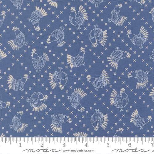 The Henhouse - Quilting Cotton - Cross Stitch Chickens - Cobalt
