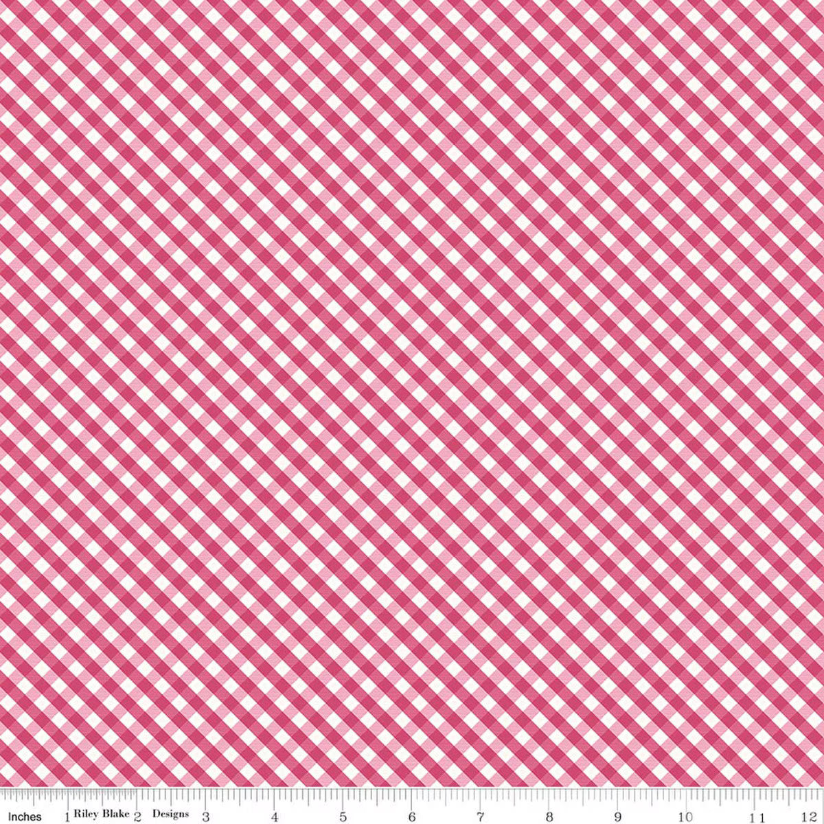 Hydrangeas in the Garden - Cotton Fabric - Gingham - Raspberry